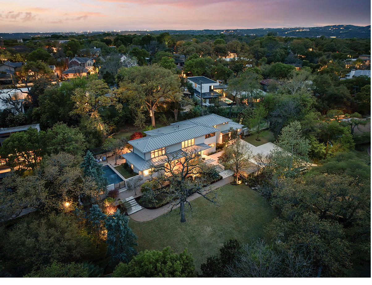 Aerial view at twilight with downtown Austin in the distance
