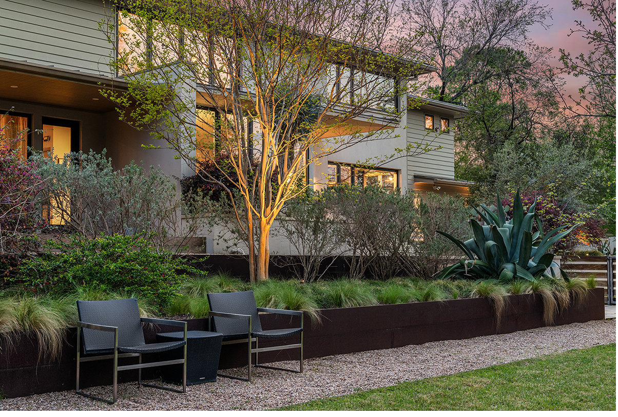 Native garden plantings illuminated at twilight